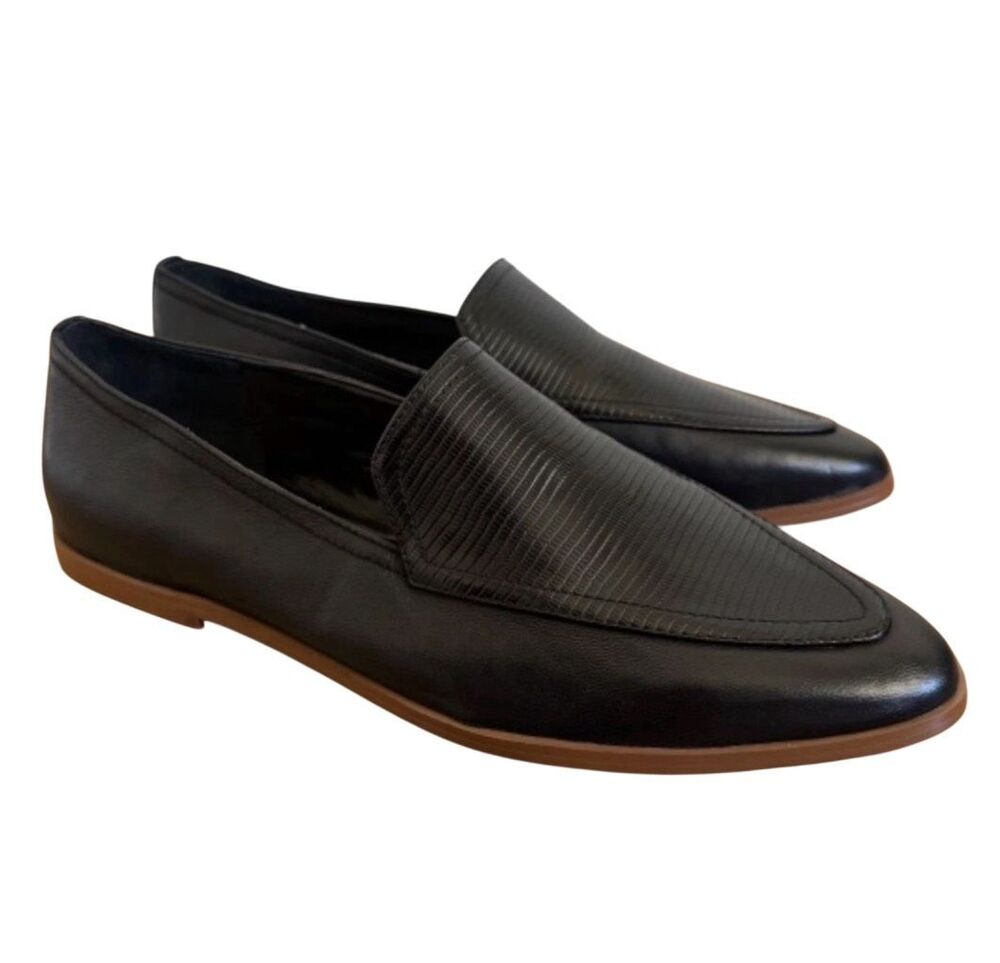 Vince Camuto Finetta Black Leather Loafers Almond Toe Slip On Womens 9 NEW